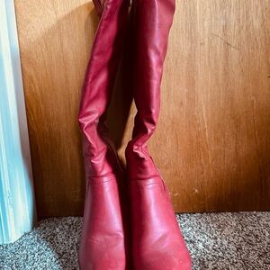 Women's Red Knee High Wedge Boots